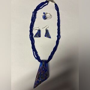 Vintage Blue Beaded Murano Necklace and Earring Set along with adjustable Ring
